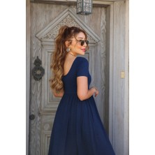 Nova Epoxy Art Kadın Kısa Kollu Yuvarlak Yaka Önden Yırtmaçlı Cepli Viskon Uzun Elbise