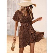 Nova Epoxy Art Kadın Kısa Kelebek Kollu Kruvaze Yakalı Belden Kuşaklı Kısa Desenli Süprem Elbise