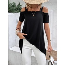 Nova Epoxy Art Kadın Kısa Kollu Omuzlardan Açık Askılı Asimetrik Kesim Viskon Bluz