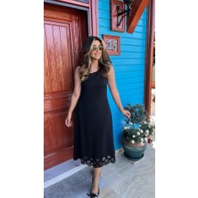 Nova Epoxy Art Kadın Kolsuz Etek Ucu Lazer Kesim Çiçek Desenli Midi Boy Janjan Krep Elbise