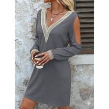 Nova Epoxy Art Kadın Uzun Kollu Omuzdan Açık V Dantel Yakalı Mini Waffle Elbise