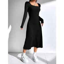 Nova Epoxy Art Kadın Uzun Kollu Kare Yaka Midi Kaşkorse Elbise