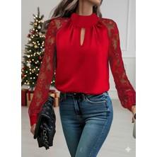 Nova Epoxy Art Kadın Uzun Kollu Göğüs Pencere Detay Yaka Boğazlı Kolları Tüllü Sandy Bluz