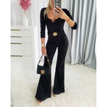 Nova Epoxy Art Kadın Uzun Kollu Yakası Açık Kemerli Uzun Modal Tulum