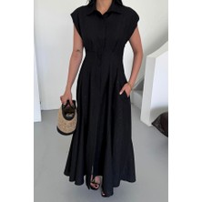 Nova Epoxy Art Jakarlı Keten Elbise Önden Yırtmaçlı Cepli - Siyah