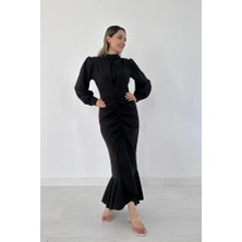 Nova Epoxy Art Siyah Volanlı Uzun Kol Elbise