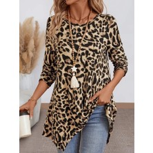 Nova Epoxy Art Kadın Uzun Kollu Bisiklet Yaka Leopar Desenli Süprem Bluz