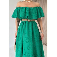 Nova Epoxy Art Yeşil Omzu Lastikli Brode Elbise