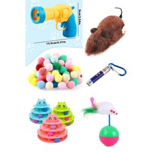 Özbience 3 Katlı Kedi Oyun Seti: Peluş Tabanca, Kurmalı Fare, Lazer Işık