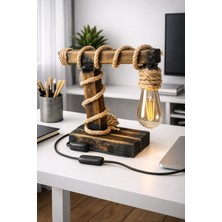 Woodylight Rustik El Yapımı Masif Ahşap Masa Lambası - Retro Edison Tasarım Dekoratif Gece Lambası