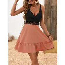 Nova Epoxy Art Kadın Ip Askılı Kruvaze Yaka Bel Dantel Ithal Krep Elbise