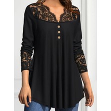 Nova Epoxy Art Kadın Uzun Kollu Dantel Detaylı Düğmeli Viskon Bluz