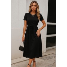 Nova Epoxy Art Kadın Kısa Kollu Bisiklet Yaka Belden Bağlamalı Önü Bağcık Detaylı Maksi Boy Viskon Elbise