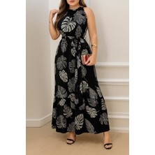 Nova Epoxy Art Kadın Sıfır Kok Bağcıklı Kemerli Etek Ucu Fırfırlı Desenli Süprem Elbise