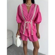 Nova Epoxy Art Keten Bel Büzgülü Bluz-Pantolon Takım - Fuşya