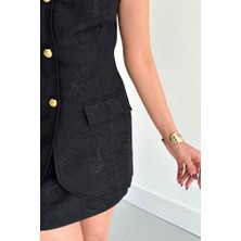 Nova Epoxy Art Jakar Keten Yelek - Kısa Etek Takım - Siyah