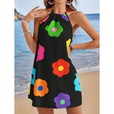 Nova Epoxy Art Kadın Boyundan Askılı Kolsuz Çiçek Desenli Süprem Elbise