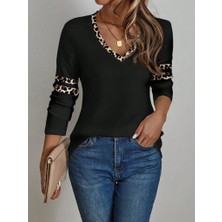 Nova Epoxy Art Kadın Uzun Kollu V Yakalı Leopar Desenli Viskon Iki Iplik Bluz