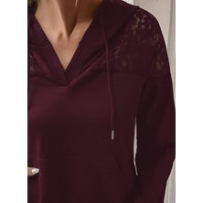 Nova Epoxy Art Kadın Uzun Kollu Kapşonlu Bağcıklı Dantelli Viskon Iki Iplik Bluz