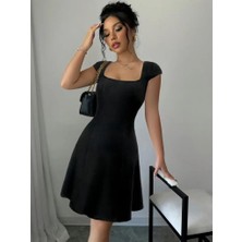 Nova Epoxy Art Kadın Kısa Kollu Geometrik Yakalı Janjan Krep Elbise