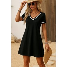 Nova Epoxy Art Kadın Kısa Kollu V Çizgili Yakalı Kısa Viskon Elbise