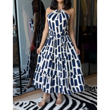 Nova Epoxy Art Kadın Viskon Kumaş Ip Askılı Halter Yaka Cepli Midi Boy Elbise