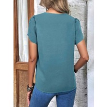 Nova Epoxy Art Kadın Kısa Kollu Lazer V Yakalı Ithal Krep Bluz