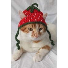 Özbience Kırmızı Çilek Temalı Örgü Evcil Hayvan Şapkası, Sevimli ve Rahat Kullanım