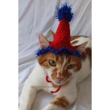 Özbience Kırmızı Mavi Doğum Günü Şapkası Püsküllü Ponponlu Örgü Pet Şapkası