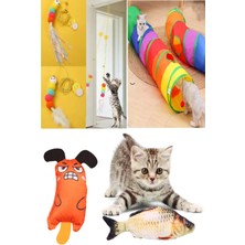 Özbience Kedi Oyun Seti: Tünel, Elastik Olta, Peluş Balık ve Fare, Renkli ve Eğlenceli