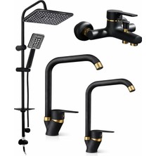 Musluq Siyah Duş Set Yağmurlama Eviye Banyo Lavabo Batarya Lüks Tasarım 4lü Set L Borulu Baston Modern Set