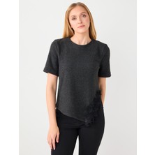 Jimmy Key Antrasit Melanj Yumuşak Dokulu Nakış Işlemeli Örme Bluz