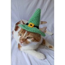 Özbience Yeşil Siyah Örgü Cadı Şapkası, Sarı Tokalı, Kedi ve Köpekler Için Halloween Aksesuarı