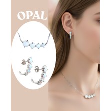 925 Ayar Gümüş Beyaz Opal Doğal Taşlı Kolye Küpe Kadın Set Sevgililer Günü Hediye