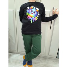 Pidal Giyim Içimdeki Canavar Temalı Pamuklu Uzun Kollu Unisex Çocuk Eşofman Takımı