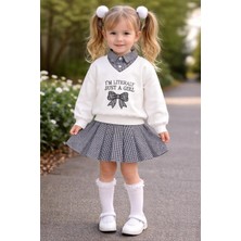 Zepkids Gömlek Yaka Fiyonk Nakışlı Piti Kare Beyaz Renk Kız Çocuk Etekli Takım