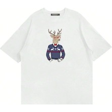 Mad&Calf Unisex Deer Guy Baskılı Bisiklet Yaka Oversize Tshirt
