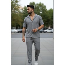 Fifty Color Unisex Trend Bürümcük Krinkıl Kumaş Yazlık Likralı Kısa Kol Gömlek ve Eşofman Takım