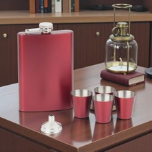 Elifeshop Paslanmaz Çelik Içki Matarası 4 Shot Bardak & Huni Seti 8oz 240 ml Kamp Outdoor Cep Matarası Kırmızı