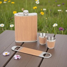 Elifeshop Suni Deri Kaplamalı Paslanmaz Çelik Içki Matarası Bardak & Açacak Seti 8 Oz 240 ml Kamp Cep Matarası