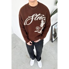 HAFKA Kahverengi Premium Baskılı Kazak