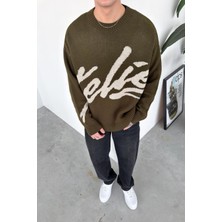 HAFKA Haki Premium Işleme Baskı Oversize Kazak