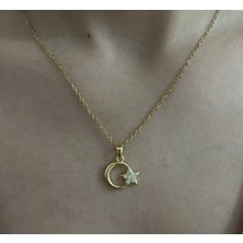 Stainless Steel Badelis Çelik Gold Zirkon Taş Detaylı Ay Yıldız Figürlü Kolye