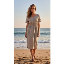 New Hill Bej V Yaka Keten Elbise