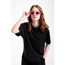 Loco Loco Interlok Oversize Kız Tişört - Siyah