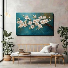 Artprinta Beyaz Çiçekli Kanvas Tablo – Turkuaz Zeminli Modern Çiçek Duvar Dekoru