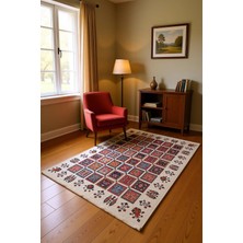 Ekru Zeminli Panolu Kilim Desenli Renkli Etnik Bambu Halı | BLG Home