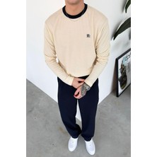 HAFKA Krem Old Money 90's Ince Fitilli Oversize Uzun Kollu Tişört