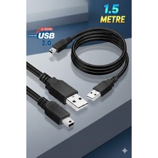 Derwell 1.5 Metre Ps3 Kol Şarj Kablosu 5 Pin Mini USB Usb5-Pin 2.0 Erkek A Mini 5 Pin B 1.5mt Piramit Uç Mini 5-Pin Şarj Kablosu