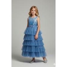 Kız Çocuk Pul Payet Işleme Parıltılı Kat Kat Tül Fermuar Kapama Sırt Lastikli Astarlı Kolsuz Abiye